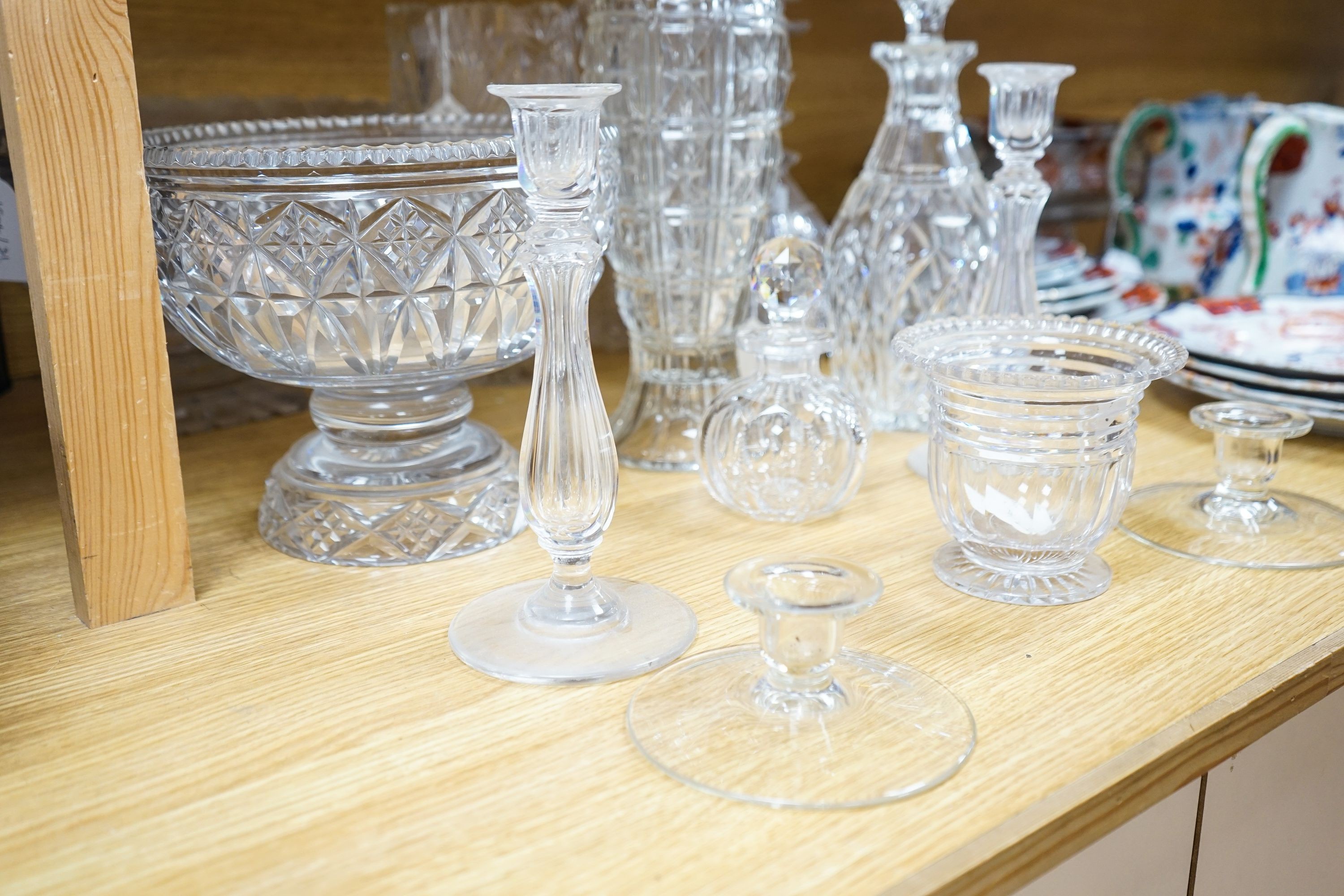 A cut crystal circular pedestal bowl, another similar bowl and sundry glassware